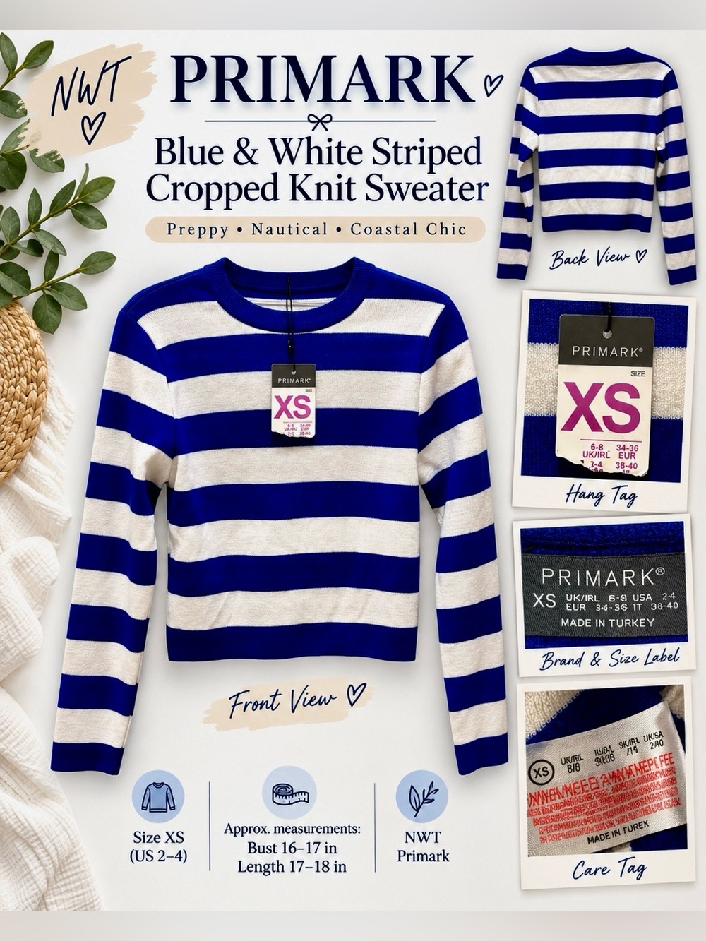 NWT Primark Blue & White Striped Cropped
Knit Sweater XS 2-4